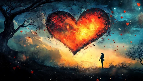 Luminous Heart Ascending Over Barren Landscape.