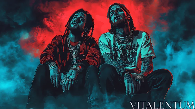 Smoke-draped rap duo under neon stormlight gaze.