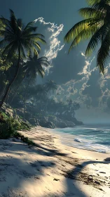 Tropical Shoreline with Dramatic Sky and Palm Silhouettes.
