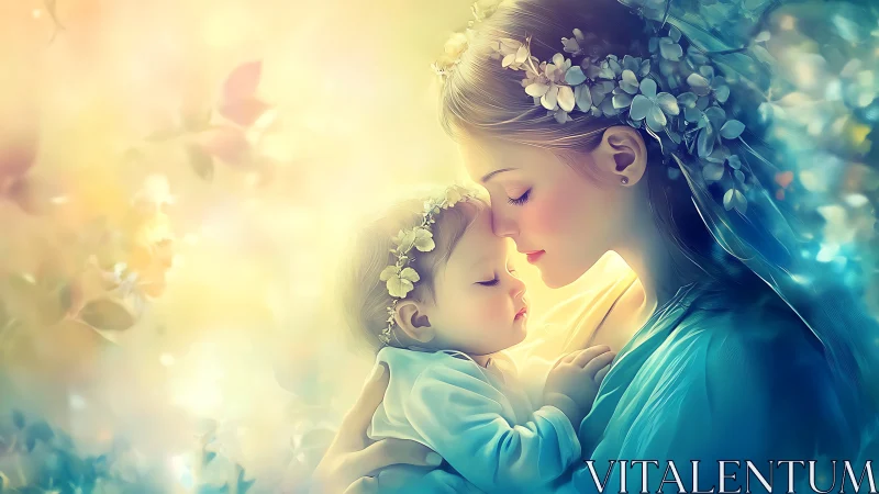 Woman holding child with floral adornments in soft golden light