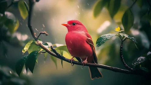 Vibrant red songbird perched on branch in lush rain forest scene.