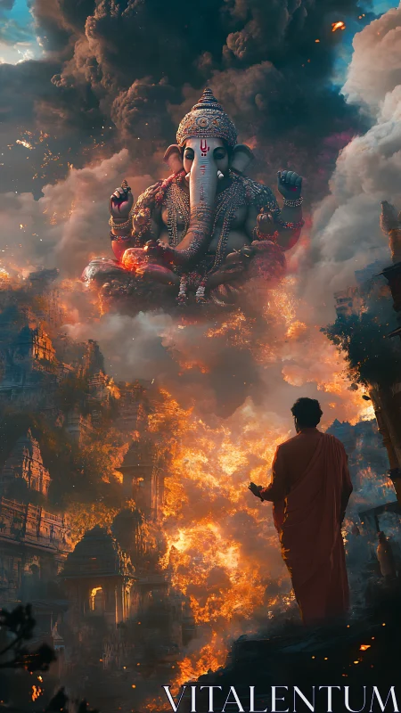 Ganesh deity above burning city with lone robed figure.
