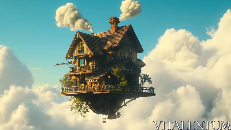 Aerial timber cottage suspended within volumetric cloudscape.