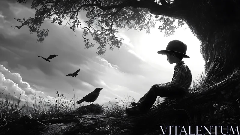 Quiet boy trades secrets with crows beneath a bending tree