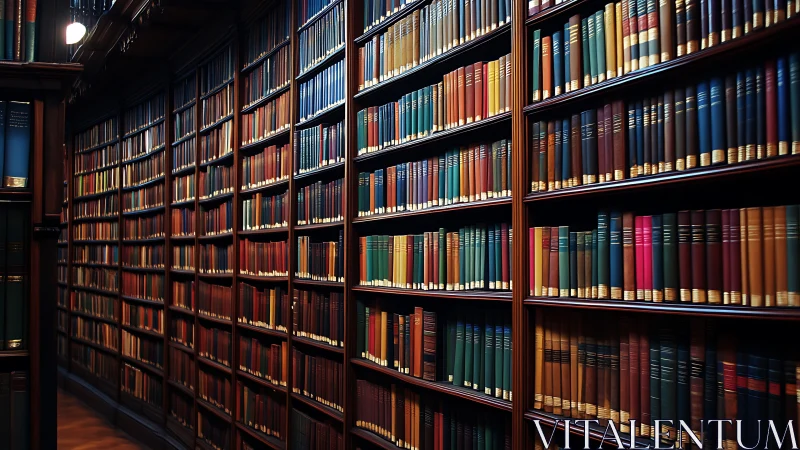 Historic library shelves lined with colorful hardback volumes.