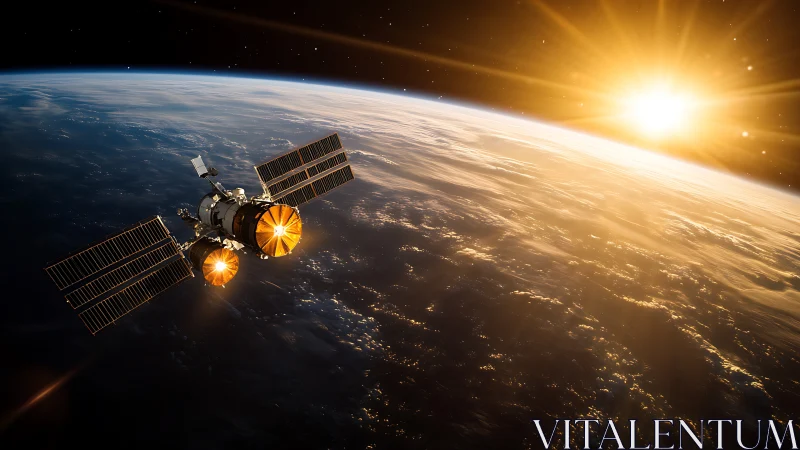 Golden sunrise sentinel orbiting Earth&rsquo;s glowing curve.