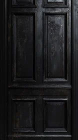 Photorealistic worn black paneled door with vertical framing.