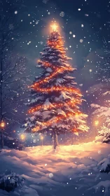 Snow laden Christmas tree with warm fairy lights at dusk