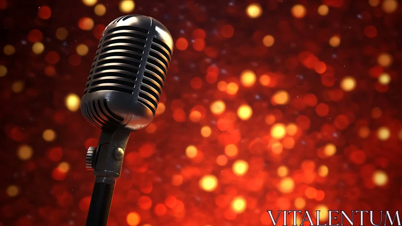 Vintage stage microphone amid luminous red bokeh backdrop.