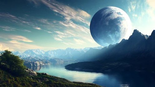 Distant blue planet hangs over serene alpine lake and cliffs