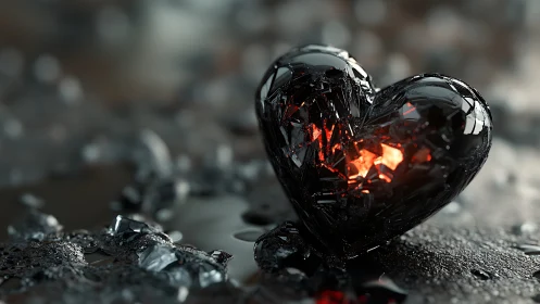 Crystalline heart glowing with inner fire against dark surface.