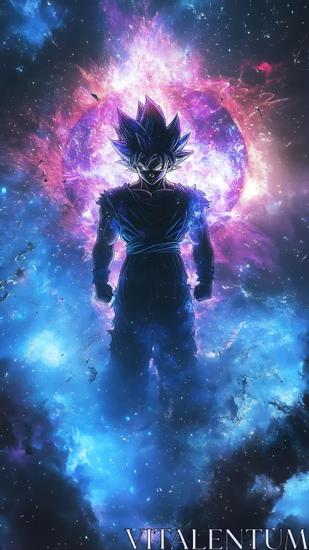 Cosmic warrior rising within a blazing nebula night sky.