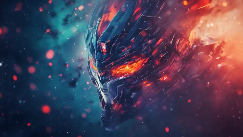 Molten cybernetic dragon helm in nebular ember storm.