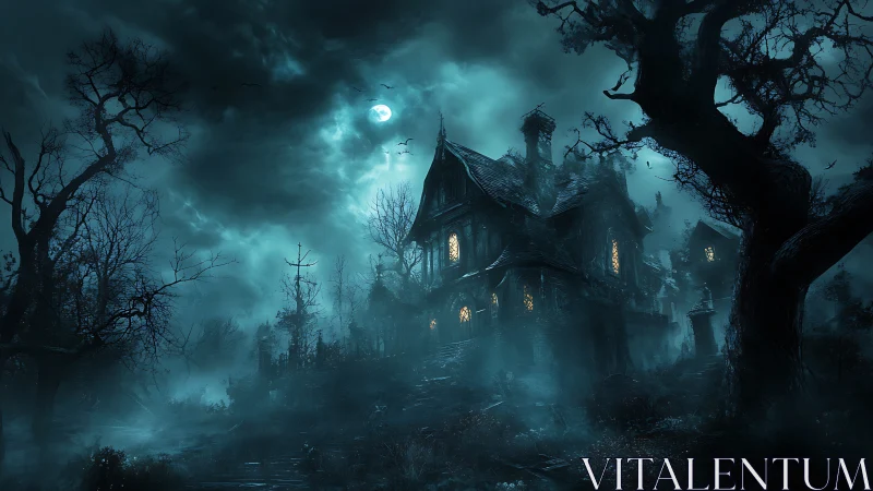 Moonlit haunted mansion wrapped in eerie glowing fog.