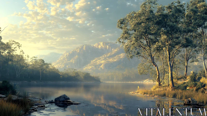 Sunlit mountain lake reflects eucalyptus forest edge