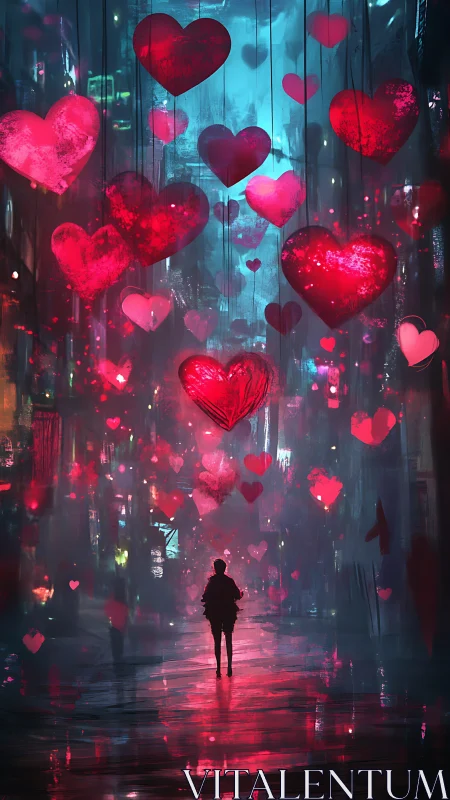 Neon Hearts Cascade in Digital City Rain.