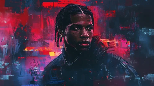 Digital portrait of braided figure in neon red and cyan field