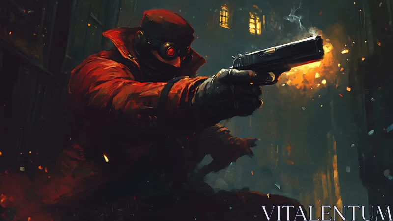 Masked gunman in red coat fires pistol in dark alleyway