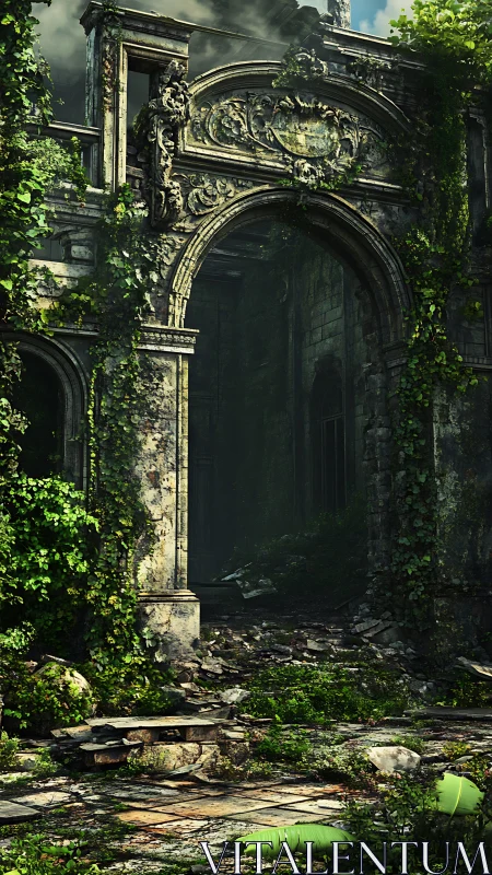 Vines quietly crown the crumbling stone archway of memory