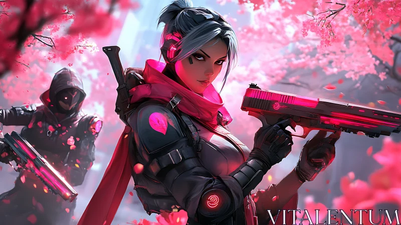 Cybernetic operatives in neon-lit cherry blossom crossfire.