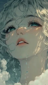 Ethereal anime portrait in aqueous light and cloud diffusion.