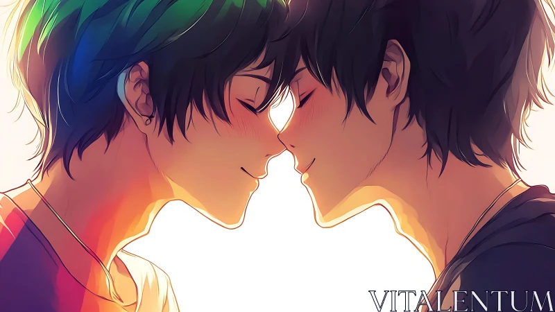 Tender nose touch between two young men in anime style.