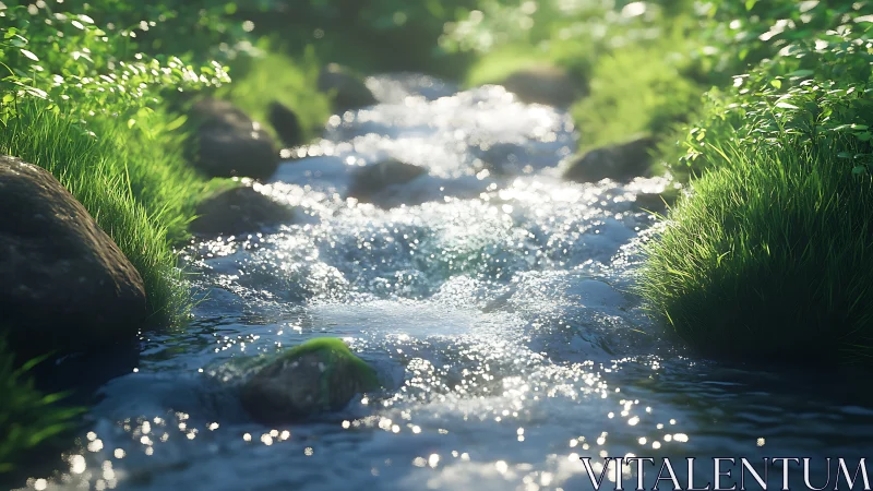 Specular sunlit stream with depth-of-field vegetation rendering.