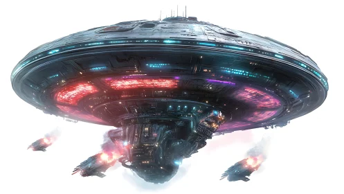 Circular spacecraft hovers with illuminated hull in open space