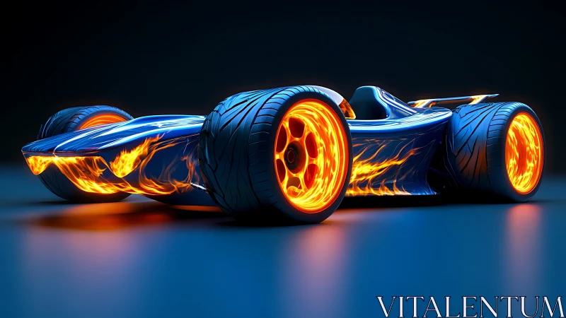 Futuristic racing car with flaming wheels on dark surface.
