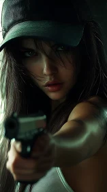 Woman in cap extending handgun toward viewer in close focus.