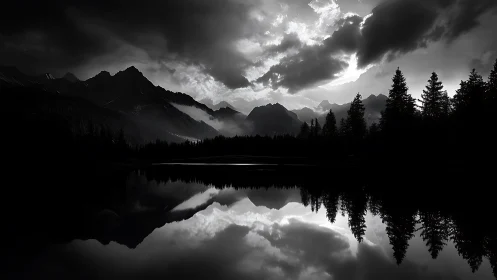 Monochrome alpine lake reflection under dramatic storm clouds