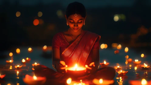 Serene festival keeper cradling a universe of floating flames.