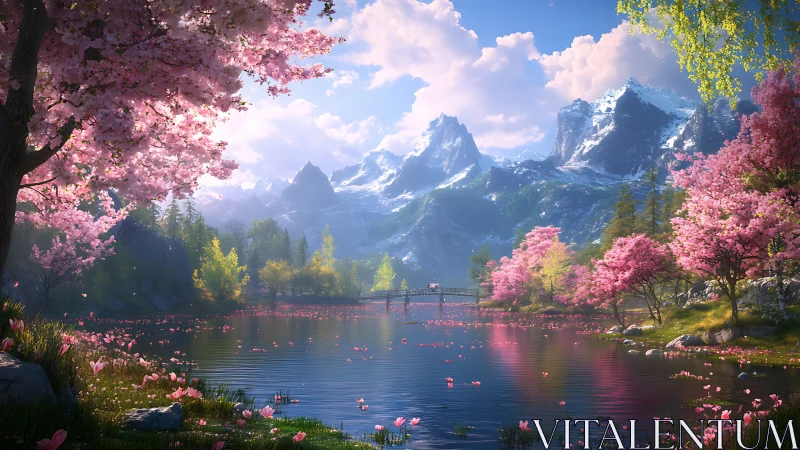 Serene alpine lake with cherry blossoms and distant bridge.