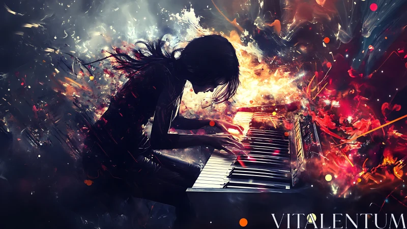 Firestorm pianist ignites cosmic keys in electric color.