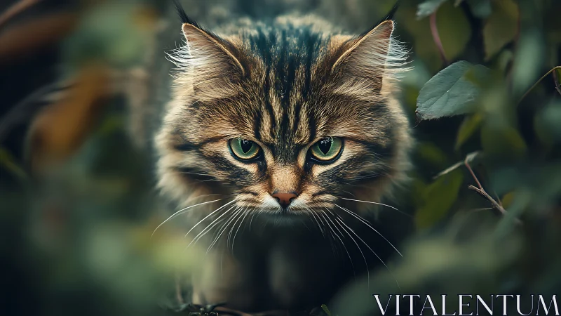 Tabby Cat Portrait with Emerald Eyes Amid Botanical Setting.