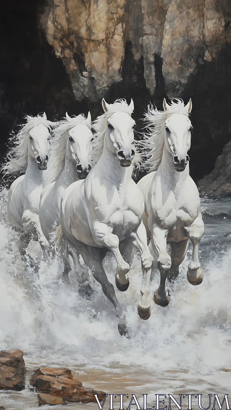 Four white horses galloping through surf under coastal cliffs