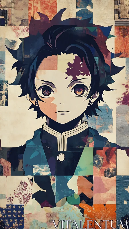 Anime warrior portrait framed by fragmented color blocks.