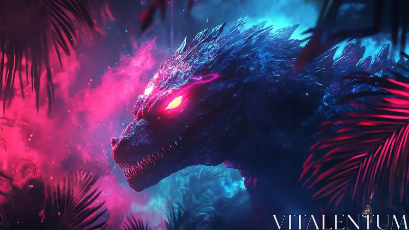 Neon kaiju profile under bioluminescent jungle haze.