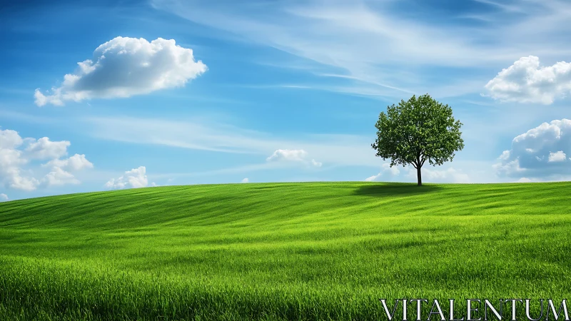 Solitary tree crowns a saturated green hillside under cirrus