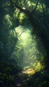 Luminescent Forest Corridor: Canopy-Filtered Atmospheric Pathway.