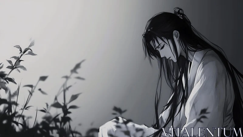 Melancholic swordsman rests alone in a misty grayscale field