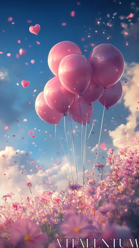 Pink Balloons Float Over Blooming Flower Field Under Blue Sky