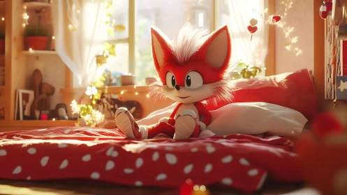 Cute red fox plush character on cozy sunlit bed scene.