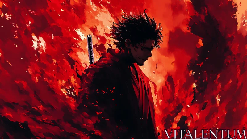 Lone samurai stands amid swirling crimson inferno of fate.
