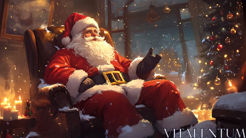 Santa in warm chiaroscuro lighting relaxes by illuminated tree