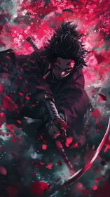 Crimson petals swirl around a focused anime swordsman.