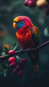 Rainforest jewel parrot perched amid moonlit berry clusters.