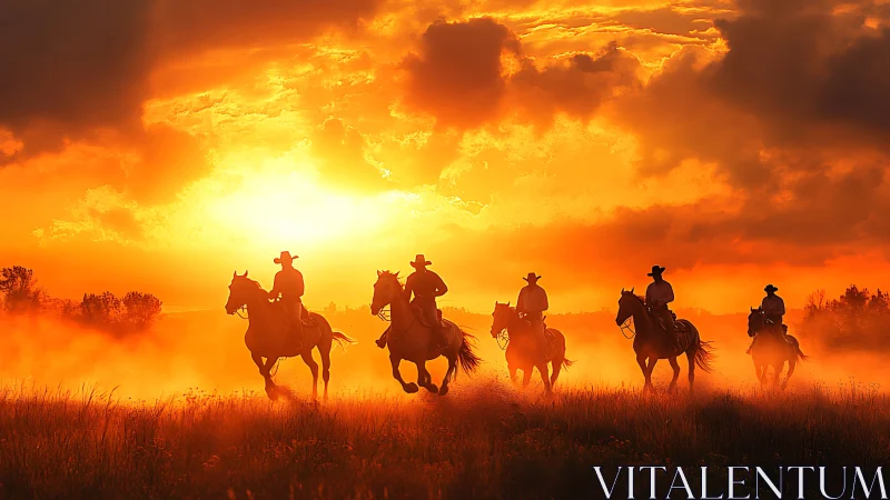 Cowboys riding at sunset across dusty open field.
