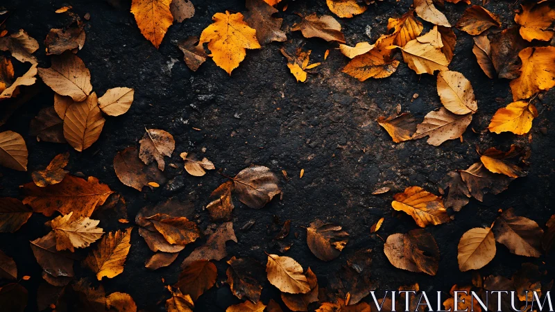 Autumn leaves frame dark forest soil with warm scattered colors