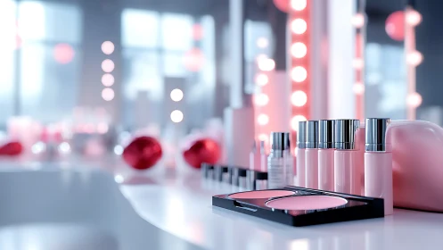Glamorous pink cosmetics glow under bright vanity lights